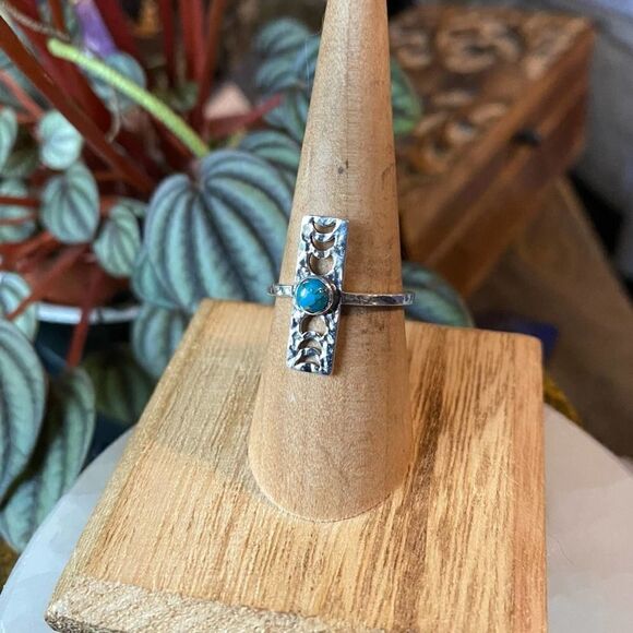 Copper Blue Turquoise Moon Phase Hammered Sterling Silver Ring Size 6.5 - Picture 4 of 7
